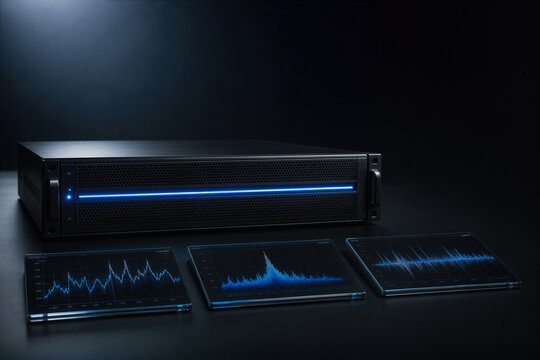 Black server unit with electric blue status line and three glass tiles displaying frequency waveform graphs for 6G network automated spectrum trading and bandwidth optimization infrastructure