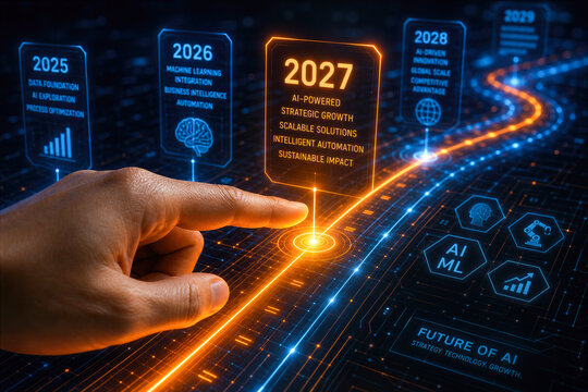 Hand pointing to 2027 on glowing orange blue digital roadmap for AI machine learning strategic business technology timeline future development and automation planning