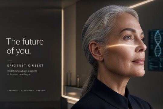 Epigenetic reset age reversal portrait of mature individual in luxury clinic cellular scan beam rejuvenation longevity genomic medicine future of you healthcare