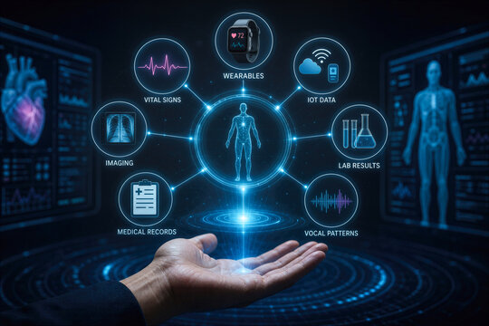 Multimodal Health Intelligence unified platform combining wearables IoT data lab results medical records vocal patterns and vital signs for personalized predictive care futuristic hand presentation