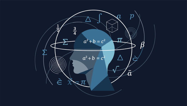 Human head silhouette filled with math equations and geometric shapes on a dark space background with spiral galaxy.