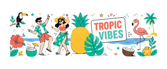 Fototapeta premium Tropical Vibes banner, clean editorial composition with one wide upbeat tropical scene, 2 geometric vacationers dancing beside an oversized pineapple and oversized palm leaf, ocean strip crossing