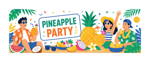Fototapeta premium Pineapple Party banner, clean editorial composition with one wide tropical fruit celebration scene, 3 geometric friends around an oversized pineapple and oversized tropical drink, beach picnic table