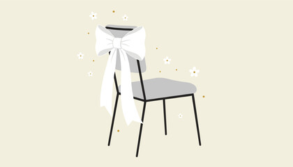 Fototapeta premium Elegant wedding ceremony chair beautifully decorated with a large white satin bow and surrounded by delicate sparkles.