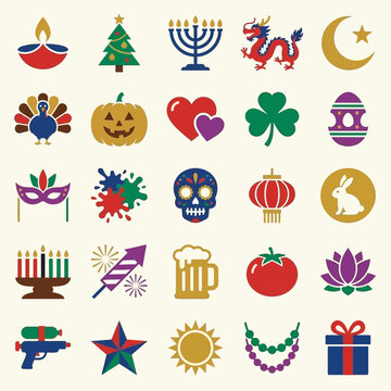 A collection of colorful icons representing global holidays and festivals