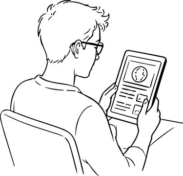 Young person with glasses using a tablet device for learning or entertainment