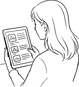 Woman looking at a tablet device displaying profile cards with images and text