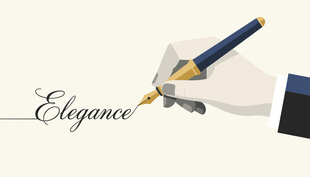 Elegant hand holding fountain pen and writing elegant cursive word elegance on vintage paper background illustration.
