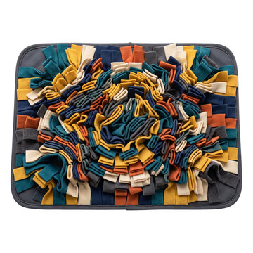 Isolated colorful pet snuffle mat with fleece fabric strips for dog brain stimulation and foraging training on a transparent background