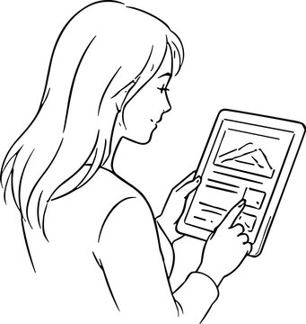 Woman using a tablet device, touching the screen with her finger in a simple line drawing