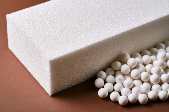 White rectangular foam block with white polystyrene beads scattered on brown surface