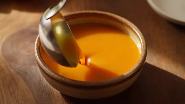 Close-up sequence of golden orange sauce being scooped with a spoon from a round ceramic bowl on a wooden surface, showcasing smooth texture and rich color