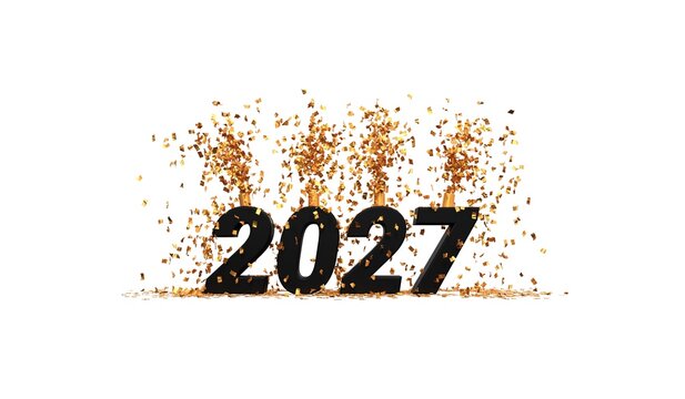 2027 New Year greeting card with black 3D numbers and exploding golden confetti isolated on white background