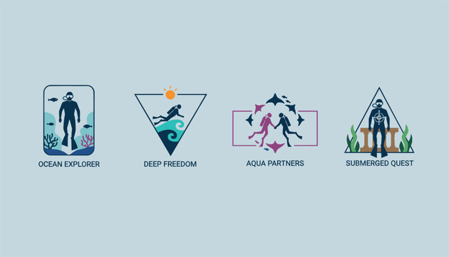 Set of professional scuba diving logo templates including deep freedom, ocean explorer, and aqua partners designs.