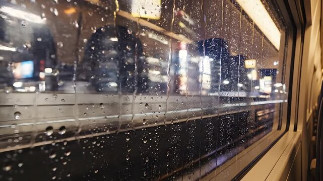 Rainy train window looking out at illuminated night city skyline.