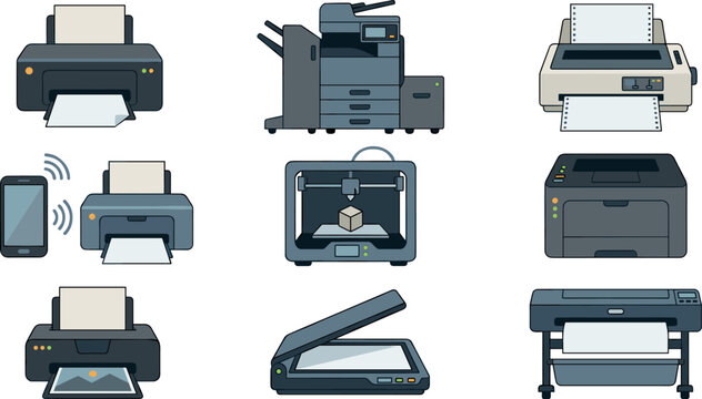 Office Printer and Copier Machine Vector Icon Set with Laser Inkjet Dot Matrix Plotter Flatbed Scanner and 3D Printer for Business Technology Designs
