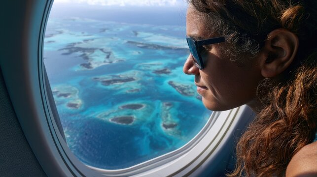 Woman looking out airplane window at tropical island chain