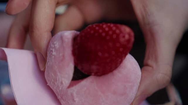 Ichigo daifuku mochi cut open to reveal a whole fresh strawberry and red bean paste in Japan