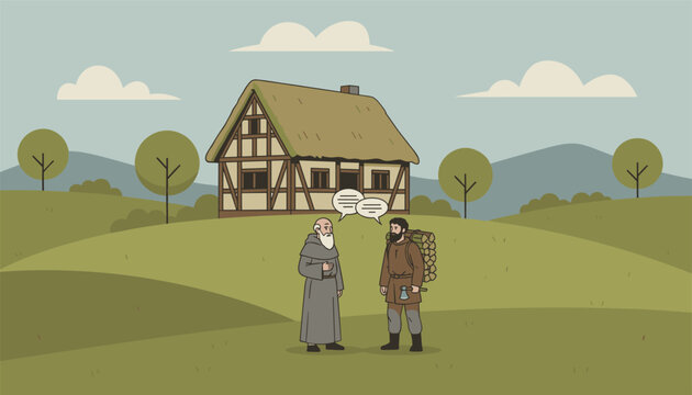 Medieval priest and woodcutter talk outside half timbered house in beautiful historic village countryside landscape.