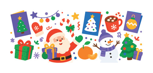 Fototapeta premium Groovy Christmas Cards, bright colorful flat vector banner with Santa, gift, candy cane, snowman, glove, Christmas tree, cocoa cup, winter cookie, mandarin orange, garland and funky holiday poster