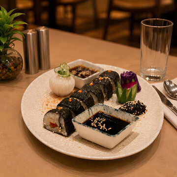 Sushi rolls with soy sauce and pickled ginger on ceramic plate japanese appetizer