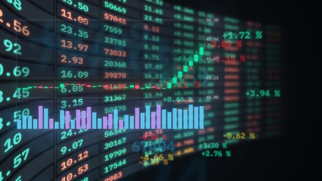 Bear market animation with a descending red candlestick chart, subdued ticker board, volume bars, and depth blur for market decline and bearish finance themes.
