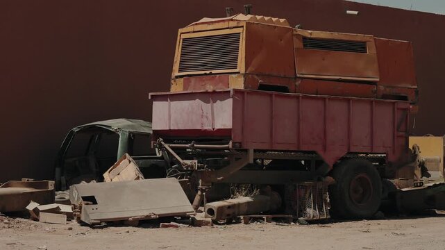 Old rusted truck with cargo container and scattered scrap metal debris in dusty salvage yard