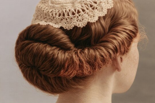 Woman with braided updo hairstyle featuring a lace headband