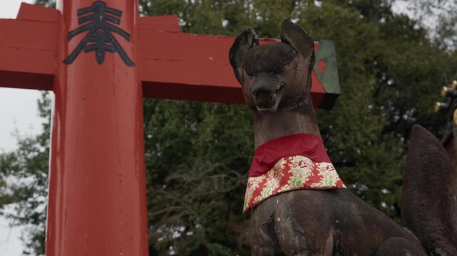 Stone kitsune fox guardian wearing a red bib beside a vermillion torii gate at an Inari shrine in Japan