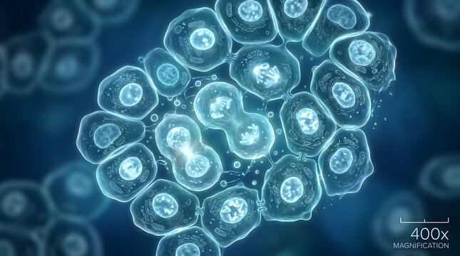 Biological cell division under microscope. Mitosis process in human cells at 400x magnification.