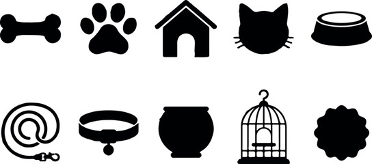 Pet care silhouette icons bone paw print dog house cat face food bowl leash collar and birdcage © shahinahmed
