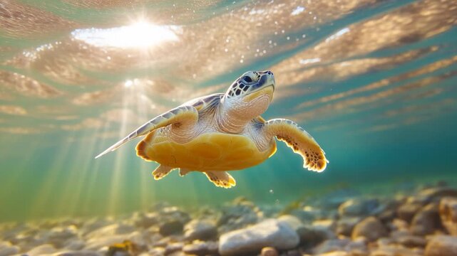 Beautiful sea turtle gracefully swimming underwater in clear ocean with golden sun rays