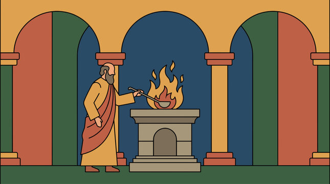 Priest Tending Sacred Fire Temple Flame Flat Style Vector Illustration