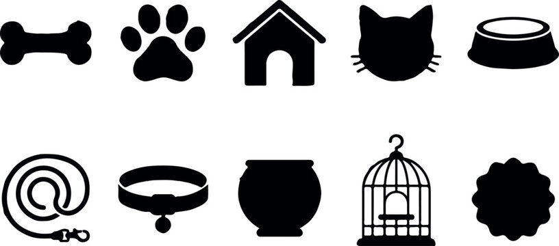 Pet care silhouette icons bone paw print dog house cat face food bowl leash collar and birdcage