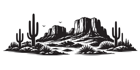 Arizona desert landscape silhouette, landscape vector illustration isolated on white background © Hiem