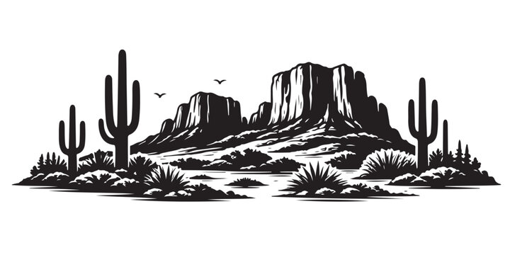 Arizona desert landscape silhouette, landscape vector illustration isolated on white background