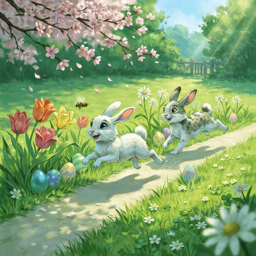two faster bunnies in colorful spring garden with eggs and flowers sunny 