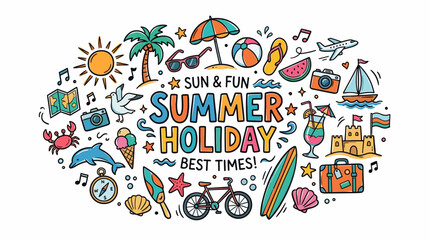 Fototapeta premium Summer Holiday Vacation Icons in Colorful Hand Drawn Doodle Style