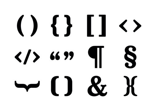 Bracket Brace Typography, solid glyph icon set, create 12 fully filled black glyph icons in a 4x3 layout showing bracket, curly brace, parenthesis, square bracket, code brace, typography mark, text