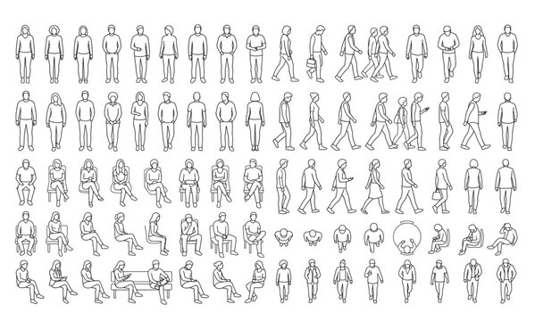 CAD Drawings. comprehensive Set people outlines isolated on white and transparent background. Sitting, Standing, walking. Top view. Vector illustration.