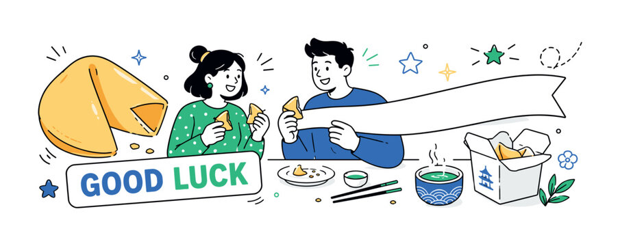 Fortune Cookie Message Blank ? clean editorial banner scene with 2 geometric restaurant guests opening fortune cookies on a dinner table, one oversized cracked fortune cookie reaching from left edge