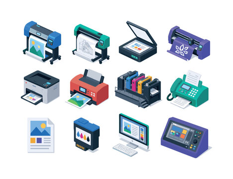 Printshop Machine Tools isometric flat icon set, create 12 isometric object icons showing large format printer, plotter, scanner, cutting machine, laser printer, photo printer, offset press, fax