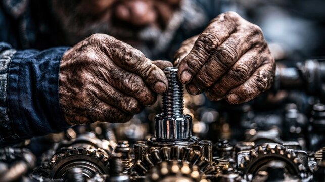 Worker's greasy hands carefully handling a mechanical bolt and gears in an industrial workshop
