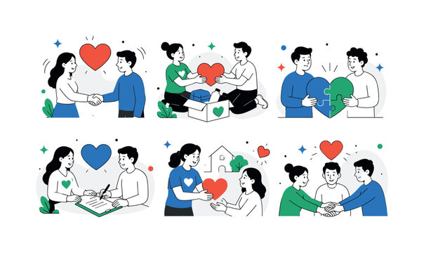 Caring Handshake Hearts, clean editorial illustration set, 6 separate small editorial illustrations about handshake heart, charity support, partnership, friendship, volunteer care, teamwork aid, each