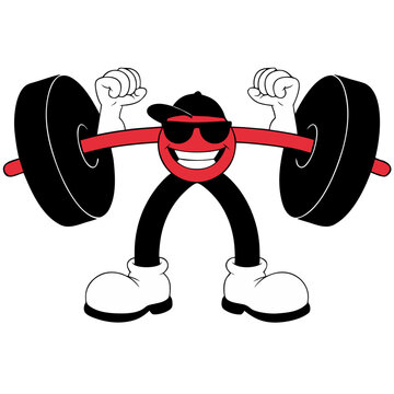 Cool 1930s rubber hose cartoon long barbell character flexing muscles, vintage retro gym fitness mascot vector illustration