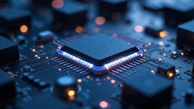 illuminated microprocessor on a circuit board with glowing components