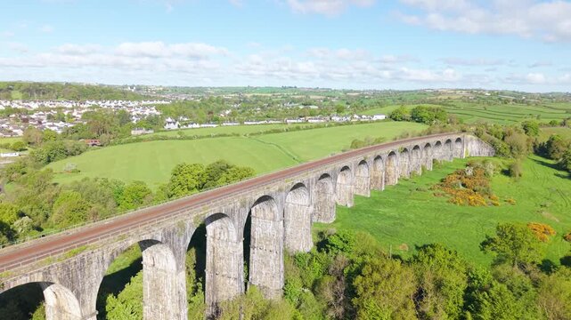 Aerial view of Craigmore Viaduct spanning lush green countryside near Newry, Ireland