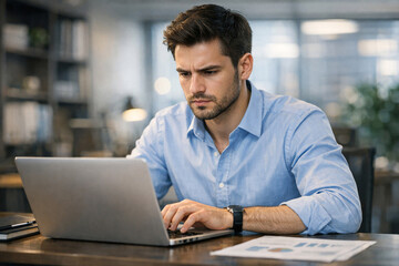 Fototapeta premium Man working on laptop in office setting