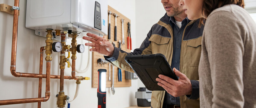 Professional plumber explains tankless water heater inspection to homeowner in utility room, reviewing plumbing system with tablet during residential service consultation, copy space.