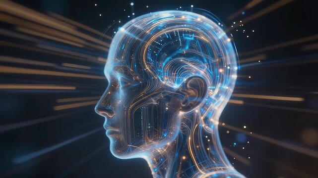 Futuristic Human Head with Digital Effects in Motion